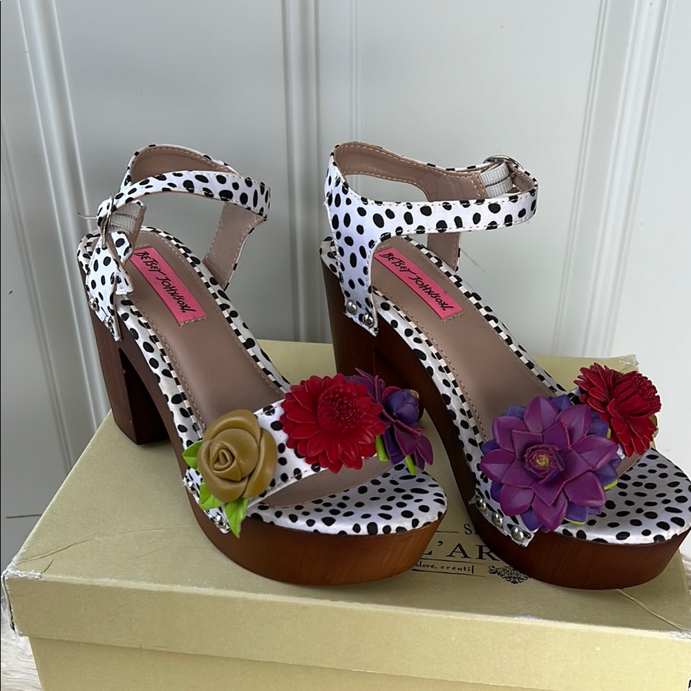 Betsey Johnson  “ROSEE” White and Black Platform Shoes with Polka Dots